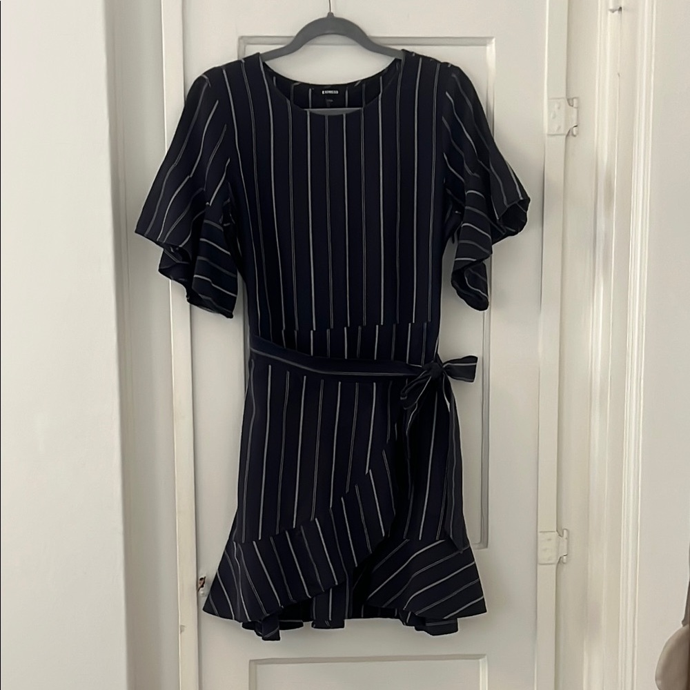Express Blue and White Ruffled Tie Front Mini Dress
